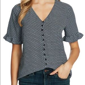 Cece Garden Geo Print Ruffle Sleeve Top